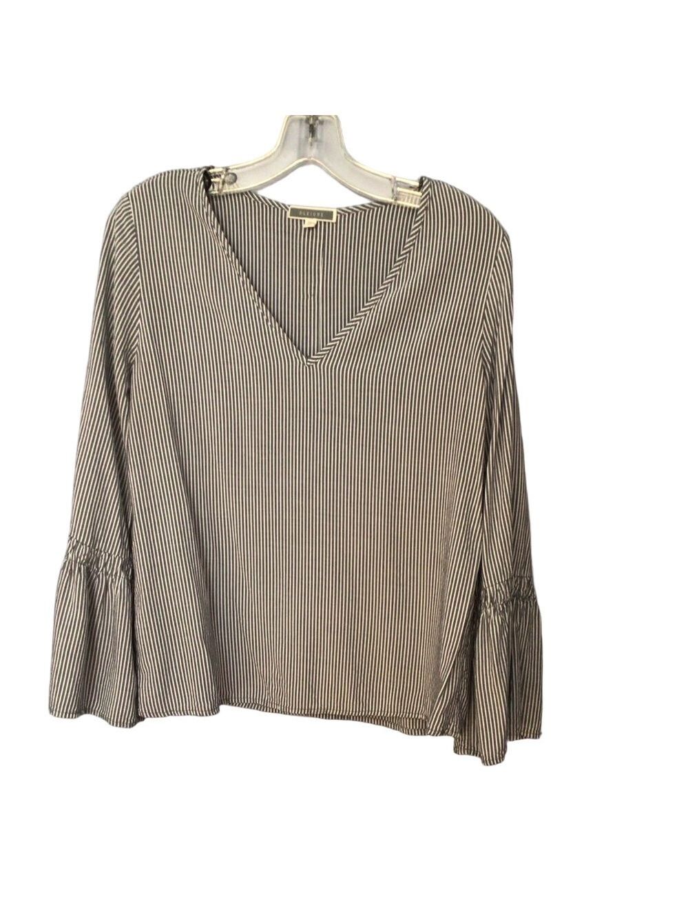 Pleione Gray Striped V-Neck Bell Sleeve Blouse Sz S